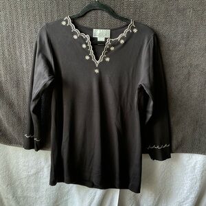 C.D. Sport Elegant Black Blouse with White Embroidery